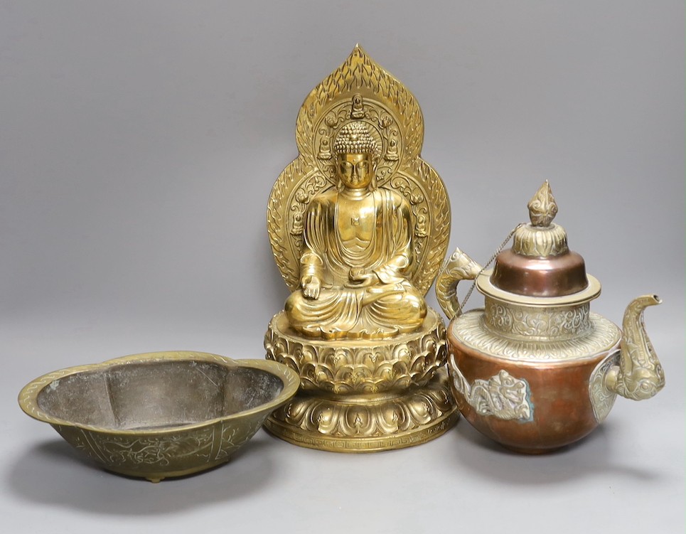 A Chinese built metal Buddha - 29cm high, a bronze Chinese lobed dish, together with a Tibetan teapot